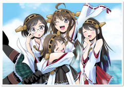 Rule 34 | 10s, 4girls, :d, ;d, ^ ^, bare shoulders, black hair, black legwear, boots, breasts, brown eyes, brown hair, closed eyes, cloud, day, detached sleeves, closed eyes, glasses, hair ornament, hairband, hairclip, haruna (kancolle), hiei (kancolle), hug, japanese clothes, kantai collection, kirishima (kancolle), kongou (kancolle), long hair, multiple girls, nanagami ginji, nontraditional miko, ocean, one eye closed, open mouth, pantyhose, photo (object), short hair, skirt, smile, thigh boots, thighhighs, water