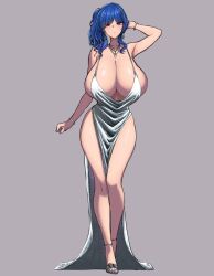 Rule 34 | 1girl, absurdres, arm behind head, armpits, azur lane, blue hair, bracelet, breasts, cleavage, cocktail dress, collarbone, curvy, dress, earrings, evening gown, full body, hair ornament, highres, hip vent, huge breasts, jewelry, looking at viewer, medium hair, nail polish, necklace, plunging neckline, red eyes, shiny skin, side ponytail, sidelocks, solo, st. louis (azur lane), st. louis (luxurious wheels) (azur lane), standing, thick thighs, thighs, wavy hair, wide hips, wolffeld price