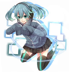Rule 34 | 1girl, blue eyes, blue hair, digital dissolve, ene (kagerou project), facial mark, glowing, headphones, high collar, izumi chiro, jacket, kagerou project, long sleeves, pleated skirt, short hair, skirt, sleeves past fingers, sleeves past wrists, smile, solo, thighhighs, track jacket, twintails