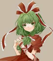 Rule 34 | 1girl, 80isiiii, beige background, bow, breasts, closed mouth, collared dress, commentary request, dress, frilled ribbon, frilled sleeves, frills, front ponytail, green eyes, green hair, hair ribbon, highres, kagiyama hina, long dress, long hair, looking at viewer, puffy short sleeves, puffy sleeves, red bow, red dress, red ribbon, ribbon, short sleeves, simple background, small breasts, solo, touhou, upper body