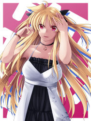 Rule 34 | 1girl, :d, bare arms, black bow, blonde hair, bow, collarbone, crescent, crescent necklace, dress, fate testarossa, floating hair, hair between eyes, hair bow, hand in own hair, highres, jewelry, long hair, looking at viewer, lyrical nanoha, mahou shoujo lyrical nanoha strikers, necklace, open mouth, red eyes, sleeveless, sleeveless dress, smile, solo, sougetsu izuki, very long hair, watch, wristwatch