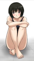 Rule 34 | 1girl, amagami, barefoot, black eyes, black hair, black one-piece swimsuit, blush, bob cut, breasts, closed mouth, commentary request, competition swimsuit, crossed arms, crossed legs, full body, highres, jishaku (user rcuz2843), looking at viewer, medium breasts, nanasaki ai, one-piece swimsuit, short hair, simple background, sitting, smile, solo, swimsuit, thighs