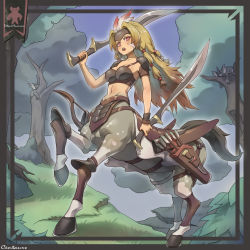 Rule 34 | 1girl, absurdres, armor, arrow (projectile), bikini armor, blonde hair, blue sky, border, bow (weapon), breasts, centaur, cleavage, collarbone, commentary request, creature, dual wielding, full body, grass, hand up, harness, headgear, highres, holding, holding sword, holding weapon, horse tail, large breasts, lascalis, long hair, looking at viewer, midriff, monster girl, multi-tied hair, multicolored hair, multiple legs, navel, open mouth, original, outline, parted bangs, partial commentary, quiver, red eyes, red hair, shadow, sheath, shin guards, shoulder pads, sky, sleeping, solo, standing, standing on three legs, streaked hair, sword, tail, taur, teeth, tree, unsheathed, upper teeth only, weapon, white hair, wrist guards