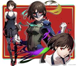 Rule 34 | 1girl, biker clothes, black pantyhose, black scarf, book, border, braid, brown footwear, brown hair, clenched hands, clenched teeth, crown braid, gloves, highres, holding, holding book, looking at viewer, miniskirt, nakano maru, niijima makoto, pantyhose, persona, persona 5, pleated skirt, red background, red eyes, scarf, school uniform, short hair, shoulder spikes, shuujin academy school uniform, skirt, spikes, standing, steel mask, teeth, turtleneck, white border, white gloves
