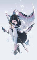 Rule 34 | 1girl, black hair, blue eyes, bug, butterfly, butterfly hair ornament, commentary request, full body, hair ornament, bug, katana, kimetsu no yaiba, kochou shinobu, sheath, sheathed, short hair, sidelocks, simple background, solo, sword, wanke, weapon, wide sleeves