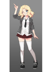 Rule 34 | 1girl, ;d, absurdres, arm at side, black footwear, black neckwear, blonde hair, blush, border, breasts, contrapposto, emblem, girls und panzer, grey background, grey jacket, hair intakes, highres, jacket, kay (girls und panzer), letterboxed, medium breasts, medium hair, miniskirt, nakachiruno, one eye closed, open mouth, pleated skirt, pointing, pointing up, red skirt, saunders (emblem), saunders school uniform, school uniform, shirt, shoes, skirt, smile, sneakers, solo, thighhighs, thighs, white border, white shirt, white thighhighs, zettai ryouiki