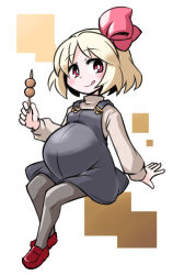 Rule 34 | 1girl, :q, blonde hair, bow, dango, dress, food, hair bow, kugelschreiber, loafers, looking at viewer, overall skirt, pantyhose, pinafore dress, pregnant, red eyes, rumia, shoes, short hair, sleeveless dress, smile, solo, tongue, tongue out, touhou, wagashi