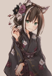 Rule 34 | 1girl, animal ear fluff, animal ears, black kimono, blush, braid, brown hair, cat ears, cat hair ornament, closed mouth, floral print, flower, grey background, hair flower, hair ornament, hairpin, japanese clothes, karyl (new year) (princess connect!), karyl (princess connect!), kimono, long hair, long sleeves, looking at viewer, mogupon, multicolored hair, princess connect!, print kimono, purple flower, simple background, sketch, solo, standing, streaked hair, white flower