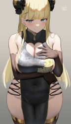 Rule 34 | 1girl, arm under breasts, black dress, black gloves, blonde hair, blunt bangs, blunt ends, blush, breasts, china dress, china dress girl (oekakizuki), chinese clothes, cleavage, cleavage cutout, clothing cutout, covered navel, cowboy shot, cross-laced clothes, double bun, dress, elbow gloves, floral print, gloves, gradient background, hair bun, heart cutout, highres, large breasts, long hair, oekakizuki, original, pelvic curtain, sideboob, simple background, skin tight, sleeveless, sleeveless dress, smile, smirk, solo, thighhighs