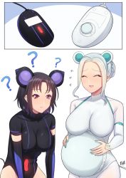 Rule 34 | 2girls, ?, ^ ^, animal ears, aqua nails, band-width, black gloves, black hair, black leotard, bodysuit, braid, breasts, cable, closed eyes, elbow gloves, fake animal ears, french braid, gloves, hairband, hands on own stomach, highres, large breasts, leotard, medium breasts, mouse (computer), mouse ears, multiple girls, nail polish, orb, original, personification, pregnant, red eyes, short hair, silver hair, skin tight