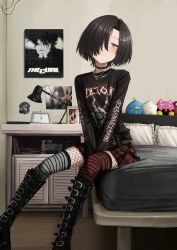 Rule 34 | 1girl, absurdres, asymmetrical legwear, band shirt, bed, black hair, boots, child, collar, cross hair ornament, fishnet thighhighs, fishnets, goth fashion, gothic, hair ornament, hair over one eye, highres, indoors, kurotama rei, lobsteranian, long bangs, looking at viewer, mall goth, merchandise, mismatched legwear, muted color, original, pantyhose, poster (object), purple eyes, short hair, sitting, skirt, solo, thighhighs