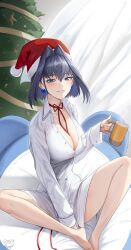 Rule 34 | 1girl, absurdres, blue eyes, blue hair, breasts, christmas, cleavage, hat, highres, hololive, hololive english, large breasts, looking at viewer, medium hair, ouro kronii, santa hat, shirt, sitting, smile, solo, virtual youtuber, white shirt, zenya