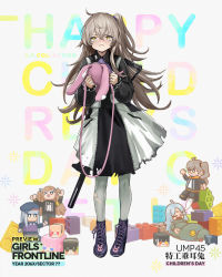 Rule 34 | 1girl, 404 (girls&#039; frontline), aged down, alternate costume, ascot, bag, black dress, boots, brown eyes, character name, collared dress, cross-laced footwear, crossed bangs, crying, crying with eyes open, curly hair, dress, frown, full body, girls&#039; frontline, grey hair, gun, h&amp;k ump, h&amp;k ump, hair between eyes, hair ornament, heckler &amp; koch, holding, holding bag, infukun, lace-up boots, long hair, looking at viewer, official alternate costume, official art, one side up, pantyhose, purple ascot, purple footwear, scar, scar across eye, scar on face, shoulder bag, submachine gun, tears, torn clothes, two-tone dress, ump45 (agent lop rabbit) (girls&#039; frontline), ump45 (girls&#039; frontline), weapon, weapon on back, white dress, white pantyhose