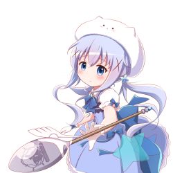 Rule 34 | 1girl, blue bow, blue dress, blue eyes, blue hair, blush, bow, character hat, closed mouth, collared shirt, dress, gloves, gochuumon wa usagi desu ka?, goth risuto, hair between eyes, hair ornament, highres, kafuu chino, long hair, looking at viewer, magical girl, oversized object, pleated dress, puffy short sleeves, puffy sleeves, revision, shirt, short sleeves, sidelocks, simple background, sleeveless, sleeveless dress, solo, spoon, star (symbol), tippy (gochiusa), twintails, very long hair, white background, white gloves, white headwear, white shirt, x hair ornament