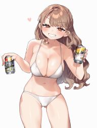 Rule 34 | 1girl, beer can, bikini, breasts, brown eyes, brown hair, can, clenched teeth, collarbone, drink can, gluteal fold, grey background, highres, holding, holding can, kodama&#039;s elder sister (sakura yuki), large breasts, long hair, looking at viewer, navel, original, parted bangs, sakura yuki (clochette), simple background, smile, solo, standing, strong zero, swimsuit, teeth, white bikini
