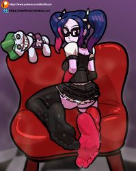 Rule 34 | 1girl, blue hair, feet, foot focus, from behind, glasses, highres, looking back, multicolored hair, pink hair, ponytail, purple eyes, purple hair, reathroch, smell, soles, solo, sweat, thighhighs, toes