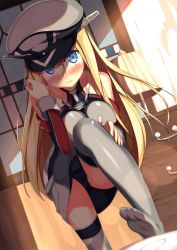 Rule 34 | 10s, 1girl, bad id, bad pixiv id, bare shoulders, bismarck (kancolle), black panties, blonde hair, blue eyes, blush, breasts, detached sleeves, drawer, dutch angle, grey thighhighs, hat, highres, kantai collection, kantoku (style), kawai (purplrpouni), large breasts, leg up, long hair, looking at viewer, military, military hat, military uniform, panties, pantyshot, peaked cap, solo, standing, thighhighs, underwear, uniform