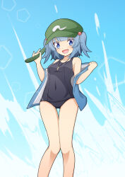 Rule 34 | 1girl, :d, black one-piece swimsuit, blue background, blue hair, blue pupils, commentary, covered navel, cucumber, feet out of frame, food, green hat, hair bobbles, hair ornament, hat, hekkmushi, highres, holding, holding food, jewelry, kawashiro nitori, key, looking at viewer, mob cap, one-piece swimsuit, open mouth, pendant, smile, solo, swimsuit, touhou, two side up
