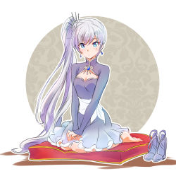 Rule 34 | 1girl, barefoot, blue eyes, blue footwear, blush, breasts, cleavage, cleavage cutout, closed mouth, clothing cutout, cushion, earrings, full body, gem, hair ornament, highres, iesupa, jewelry, knees together feet apart, long hair, long sleeves, looking at viewer, medium breasts, own hands together, ponytail, rwby, sash, scar, scar across eye, scar on face, shoes, unworn shoes, side ponytail, sitting, small breasts, solo, v arms, very long hair, wariza, weiss schnee, white hair