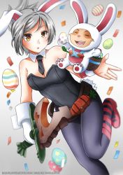 Rule 34 | 1girl, :d, animal costume, animal ears, bad id, bad pixiv id, bare shoulders, battle bunny riven, black leotard, black neckwear, black pantyhose, breasts, broken, broken sword, broken weapon, brown eyes, carrot, cleavage, closed eyes, collar, collarbone, commentary, confetti, cosplay, detached collar, dutch angle, easter egg, egg, fake animal ears, gloves, grey hair, holding, holding sword, holding weapon, kigurumi, league of legends, leotard, long hair, medium breasts, necktie, open mouth, pantyhose, playboy bunny, rabbit ears, rabbit tail, red footwear, riven (league of legends), saruei, shoes, short hair, short necktie, single glove, smile, standing, standing on one leg, strapless, strapless leotard, sword, tail, teemo, weapon, white collar, white gloves, wing collar, wrist cuffs, yordle