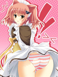 Rule 34 | !, &gt; &lt;, 1girl, ass, blush, bow, brown hair, closed eyes, female focus, from behind, hair ornament, hairclip, halftone, halftone background, highres, leaning forward, looking back, maid, maid headdress, original, panties, skirt, solo, striped clothes, striped panties, tray, underwear, upskirt, usaginezumi, yellow eyes