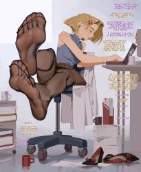 1girl akagi_ritsuko barefoot belt blonde_hair bookshelf chair computer cup earrings english_text evangelion:_3.0+1.0_thrice_upon_a_time feet femdom foot_focus foot_up heels_removed ignoring jewelry l_mould lab_coat laptop mole mole_under_eye mug neon_genesis_evangelion paper rebuild_of_evangelion shoes soles thighhighs unworn_shoes