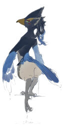 Rule 34 | 1boy, animal feet, arms at sides, back, beak, bird boy, bird legs, bird tail, blue fur, blue hair, blush stickers, body fur, claws, closed mouth, completely nude, dripping, expressionless, feet, full body, furry, furry male, green eyes, grey fur, hair down, legs, long hair, looking back, male focus, multicolored fur, nude, revali, rito, simple background, sketch, solo, standing, standing on one leg, tail, the legend of zelda, the legend of zelda: breath of the wild, ukata, water, white background, white fur, winged arms, wings