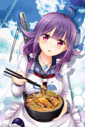 Rule 34 | 10s, 1girl, ahoge, apron, blue sky, blush, bowl, breasts, chopsticks, cloud, cloudy sky, crane (machine), day, feeding, food, hair flaps, hair ornament, head tilt, holding, holding food, honeycomb (pattern), honeycomb background, honeycomb pattern, incoming food, kantai collection, long sleeves, looking at viewer, low twintails, magatama, medium breasts, neckerchief, open mouth, outdoors, pov feeding, purple eyes, purple hair, school uniform, serafuku, sky, solo, strap slip, taigei (kancolle), twintails, upper body, whale, whale hair ornament, zen mine