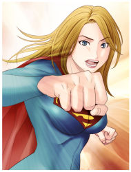 Rule 34 | 1girl, alien, blonde hair, blue eyes, cape, clenched hand, dc comics, female focus, kryptonian, long hair, long sleeves, nasutarou, open mouth, red cape, s shield, skin tight, solo, spandex, supergirl, superman (series)