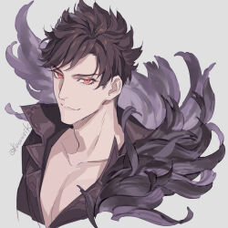 Rule 34 | 1boy, :3, artist name, belial (granblue fantasy), brown hair, commentary request, evil smile, feather boa, granblue fantasy, looking at viewer, male focus, messy hair, parted bangs, partially unbuttoned, pectoral cleavage, pectorals, popped collar, pota (bluegutty), red eyes, signature, smile, solo, spiked hair, twitter username