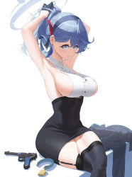 Rule 34 | absurdres, ako (blue archive), armpits, arms up, bare arms, bell, black gloves, black skirt, black thighhighs, blue archive, blue coat, blue eyes, blue hair, blue hairband, breasts, closed mouth, coat, unworn coat, unworn collar, collared shirt, covered navel, cowbell, crossed legs, demian 221, dress, dress shirt, dressing, earrings, garter straps, gloves, gun, hair between eyes, hairband, half gloves, halo, handgun, highres, invisible chair, jewelry, large breasts, long hair, looking at viewer, luger p08, miniskirt, neck bell, no bra, pencil dress, pencil skirt, red ribbon, ribbon, shirt, sideboob, sideways glance, simple background, sitting, skirt, sleeveless, smile, strapless, swept bangs, taut clothes, taut shirt, thick thighs, thighhighs, thighs, tight clothes, tight dress, tube top, tying hair, weapon, white background