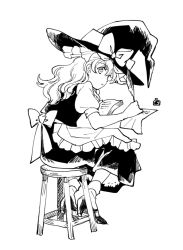 Rule 34 | 1girl, apron, black dress, book, bow, braid, chair, dress, frilled dress, frills, greyscale, hair bow, hat, hat bow, kirisame marisa, long hair, monochrome, natsume (menthol), paper, puffy sleeves, quill, sash, shoes, short sleeves, side braid, single braid, sitting, solo, touhou, waist apron, white background, white bow, witch hat, writing
