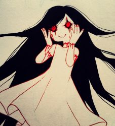 Rule 34 | 1girl, :&gt;, black hair, bleeding, blood, character request, creepy, dress, fleshchild, hands on own cheeks, hands on own face, highres, horror (theme), long hair, red eyes, solo, stitched, tetra (tetratheripper), tetra the ripper, third-party edit, traditional media, very long hair, white background, white dress