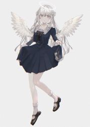 Rule 34 | 1girl, angel, angel wings, black skirt, grey background, highres, koru (end 701), looking to the side, original, sailor collar, skirt, solo, white eyes, white hair, wings