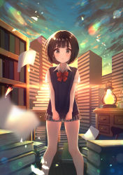 Rule 34 | 1girl, :t, bad id, bad pixiv id, blue sweater vest, blunt bangs, blurry, blush, bob cut, book, book stack, bookshelf, bow, bowtie, cloud, depth of field, desk, dress shirt, facing viewer, flying paper, hair strand, highres, lantern, lens flare, light blush, looking at viewer, microskirt, original, paper, plaid, plaid skirt, pleated skirt, pout, red bow, red bowtie, refraction, school uniform, see-through, see-through silhouette, shirt, shirt tug, short hair, short sleeves, skirt, sky, solo, standing, sunset, sweater vest, tanbonota46, white shirt, wooden floor