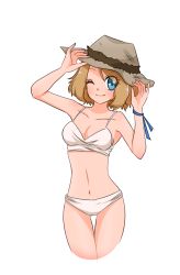 Rule 34 | 1girl, ;d, arms up, bare arms, bikini, blue eyes, blue ribbon, breasts, brown hair, cleavage, closed mouth, collarbone, cowboy shot, creatures (company), cropped legs, game freak, grey background, grey hat, hat, medium breasts, medium hair, mikeko (neko19920311), navel, nintendo, one eye closed, open mouth, pokemon, pokemon (anime), pokemon xy (anime), ribbon, serena (pokemon), sideboob, simple background, smile, solo, standing, straw hat, swimsuit, thigh gap, transparent background, white bikini