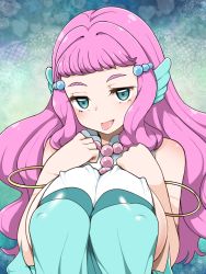 Rule 34 | 1girl, :p, alternate breast size, blue eyes, blunt bangs, bracelet, breasts, covered erect nipples, eyebrows, highres, jewelry, large breasts, laura (precure), long hair, mermaid, monster girl, naughty face, pink hair, precure, solo, tongue, tongue out, tropical-rouge! precure, upper body, zootan