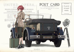 Rule 34 | 1girl, absurdres, american flag, arknights, bag, black footwear, black pants, brown coat, car, chinese commentary, choker, cjmy, coat, commentary request, cross, cross necklace, english text, exusiai (arknights), glasses, hand in pocket, handbag, highres, holding, holding paper, jewelry, license plate, motor vehicle, necklace, pants, paper, postcard, red hair, searchlight, shirt, short hair, solo, standing, suitcase, vehicle focus, wheel, white shirt