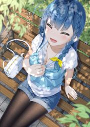 Rule 34 | 1girl, :d, ahoge, bag, bench, black pantyhose, blue camisole, blue hair, blue nails, blue shorts, braid, breasts, camisole, camisole over clothes, cleavage, collarbone, commentary request, day, closed eyes, fine fabric emphasis, from above, gurande (g-size), hair ribbon, hand up, handbag, highres, pantyhose under shorts, long hair, medium breasts, nail polish, on bed, open mouth, original, outdoors, pantyhose, park bench, ribbon, shirt, short shorts, short sleeves, shorts, sitting, smile, solo, translated, very long hair, white shirt, yellow ribbon