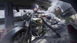 Rule 34 | 1girl, absurdres, arknights, black footwear, black gloves, black shorts, blue hair, blue leggings, bridge, building, ch&#039;en (arknights), closed mouth, cloud, commentary, english commentary, fingerless gloves, gloves, highres, horns, leggings, long hair, looking at viewer, motor vehicle, motorcycle, on motorcycle, outdoors, red eyes, shirt, shoes, shorts, sitting, solo, traffic cone, traffic light, wa (user snch2757), white shirt