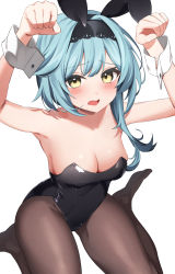 Rule 34 | 1girl, absurdres, animal ears, arm warmers, armpits, arms up, black hairband, black leotard, blue hair, blush, breasts, brown pantyhose, cleavage, collarbone, empty (mn3k yo), eula (genshin impact), fake animal ears, genshin impact, hairband, highres, leotard, looking at viewer, medium breasts, open mouth, pantyhose, photoshop (medium), playboy bunny, rabbit ears, rabbit pose, short hair, simple background, solo, strapless, strapless leotard, thighs, weapon, white background, wrist cuffs, yellow eyes