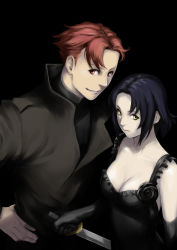 Rule 34 | 1boy, 1girl, baccano!, black hair, breasts, chane laforet, claire stanfield, cleavage, closed mouth, dress, elbow gloves, formal, gloves, highres, knife, looking at viewer, red hair, short hair, simple background, smile, yellow eyes, zanpan526
