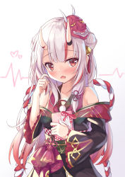 Rule 34 | 1girl, absurdres, blush, collarbone, commentary request, fang, gift, hair between eyes, hair ornament, highres, hololive, horns, japanese clothes, kugatsu tooka, long hair, looking at viewer, mask, mask on head, nakiri ayame, nakiri ayame (1st costume), oni mask, open mouth, red eyes, simple background, skin-covered horns, solo, valentine, virtual youtuber, white background
