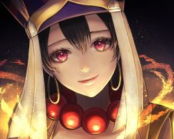 Rule 34 | 1girl, aura, bad id, bad pixiv id, bead necklace, beads, black background, black hair, earrings, fate/grand order, fate (series), glowing, hat, hoop earrings, jewelry, necklace, portrait, purple eyes, seki (sekixview), smile, xuangzang sanzang (fate)