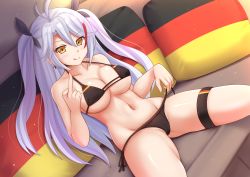 Rule 34 | 1girl, :q, ahoge, azur lane, bikini, black bikini, black bow, blush, bow, breasts, brown eyes, closed mouth, collarbone, commentary, couch, dutch angle, flag print, german flag, german flag bikini, grey hair, hair bow, highres, kazenokaze, large breasts, long hair, looking at viewer, middle finger, mole, mole on breast, multicolored hair, navel, on couch, pillow, print bikini, prinz eugen (azur lane), prinz eugen (unfading smile) (azur lane), red hair, revision, side-tie bikini bottom, sidelocks, sitting, smile, solo, spread legs, streaked hair, swimsuit, thigh strap, thighs, tongue, tongue out, two side up, underboob, untied bikini