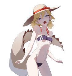 Rule 34 | 1girl, bare shoulders, blonde hair, blue eyes, blush, bow, casual one-piece swimsuit, covered navel, dino (dinoartforame), double vertical stripe, fang, gris swimsuit, hat, hat bow, hat ribbon, highres, looking at viewer, medium hair, meme, meme attire, one-piece swimsuit, open mouth, original, red bow, red ribbon, ribbon, see-through swimsuit, shadow, simple background, solo, strapless, strapless one-piece swimsuit, swimsuit, third-party source, white background