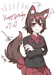 Rule 34 | 1girl, afterimage, animal ears, birthday, black hat, black jacket, brown eyes, brown hair, collared shirt, commentary, cowboy shot, crossed arms, dated, dog ears, dog tail, dress shirt, ear wiggle, english text, garrison cap, girls und panzer, happy birthday, hasekura (hachinochun), hat, highres, jacket, kemonomimi mode, kuromorimine military uniform, long sleeves, looking at viewer, military hat, military uniform, miniskirt, nishizumi maho, pleated skirt, red shirt, red skirt, shirt, short hair, simple background, skirt, solo, standing, tail, tail wagging, uniform, white background