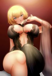 Rule 34 | 1girl, :o, absurdres, black dress, blonde hair, blue eyes, breasts, cup, dress, earrings, from below, girls&#039; frontline, glass, guchagucha, hair ornament, highres, holding, holding cup, jewelry, large breasts, looking at viewer, mole, mole on breast, mole under eye, navel, open mouth, red background, short hair, snowflake hair ornament, solo, vsk-94 (girls&#039; frontline), vsk-94 (night on the silver bay) (girls&#039; frontline)
