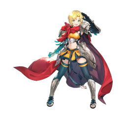 Rule 34 | 1girl, absurdres, amelia (fire emblem), armor, black thighhighs, blonde hair, blush, breasts, cape, clenched hand, commentary request, elbow gloves, fire emblem, fire emblem: the sacred stones, fire emblem heroes, full body, gauntlets, gloves, green eyes, hand up, highres, looking at viewer, medium breasts, midriff, navel, nintendo, official art, open mouth, red cape, short hair, shoulder armor, simple background, skirt, smile, solo, standing, stomach, taroji, thighhighs, toeless footwear, toes, white background, zettai ryouiki