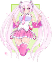 Rule 34 | 1girl, absurdres, alternate color, alternate hair color, boots, cherry blossoms, detached sleeves, hatsune miku, headset, highres, jumping, long hair, miitoban, name connection, necktie, object namesake, open mouth, petals, pink eyes, pink footwear, pink hair, sakura miku, skirt, smile, solo, thighhighs, twintails, very long hair, vocaloid, zettai ryouiki